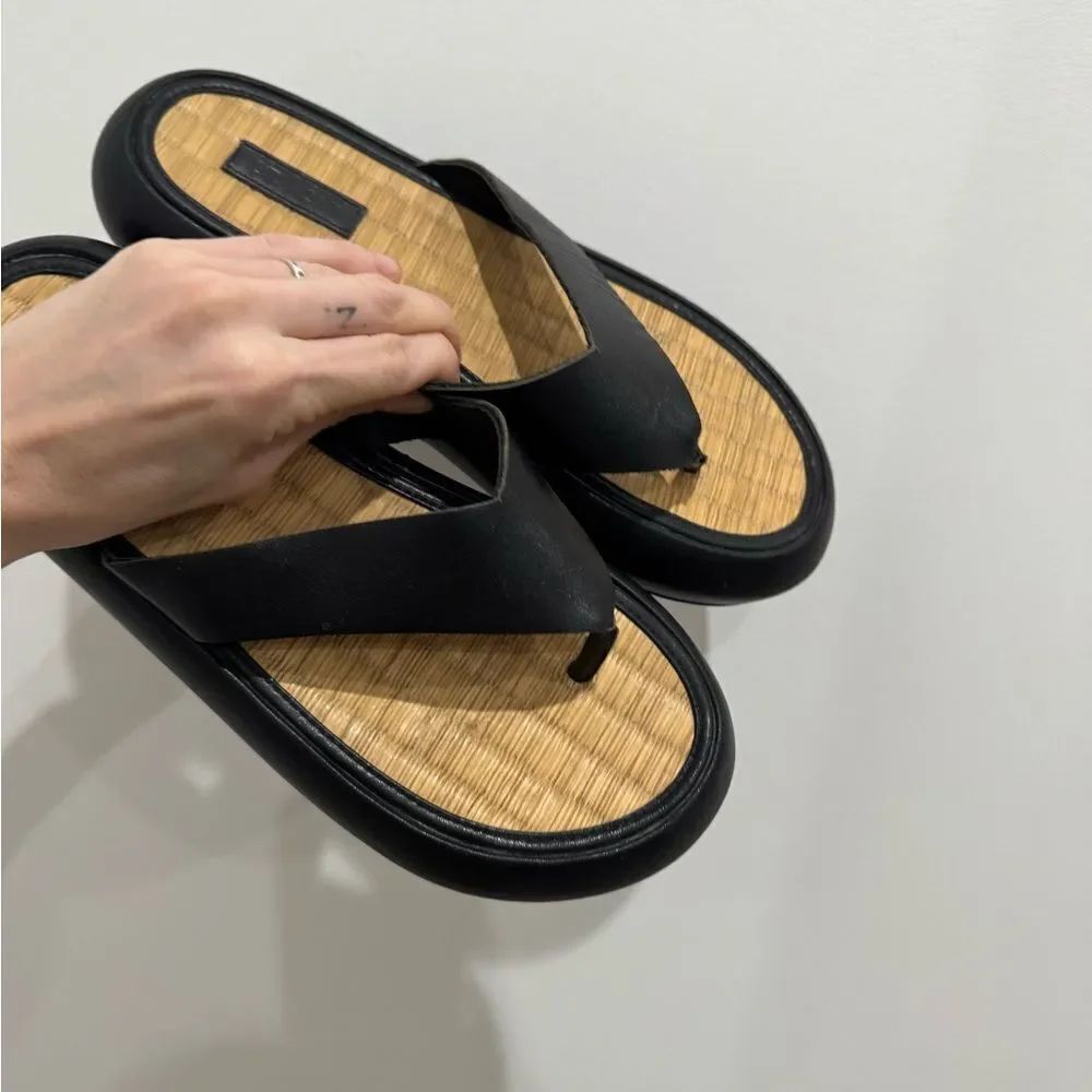 St. Agni Tatami Black Leather Raffia Platform Sandals - Picture 5 of 6